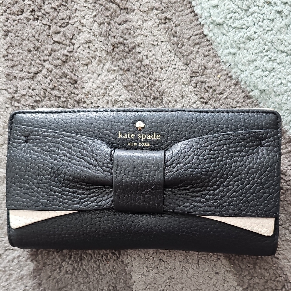 Kate Spade Black Pebbled Leather Wallet with Bow Detail